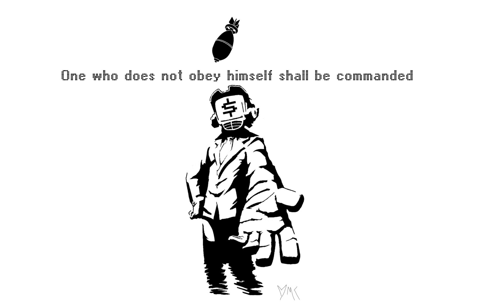 Monochrome FLCL anime HD PC desktop wallpaper showing a stylized helmeted character reaching forward beneath the quote One who does not obey himself shall be commanded.