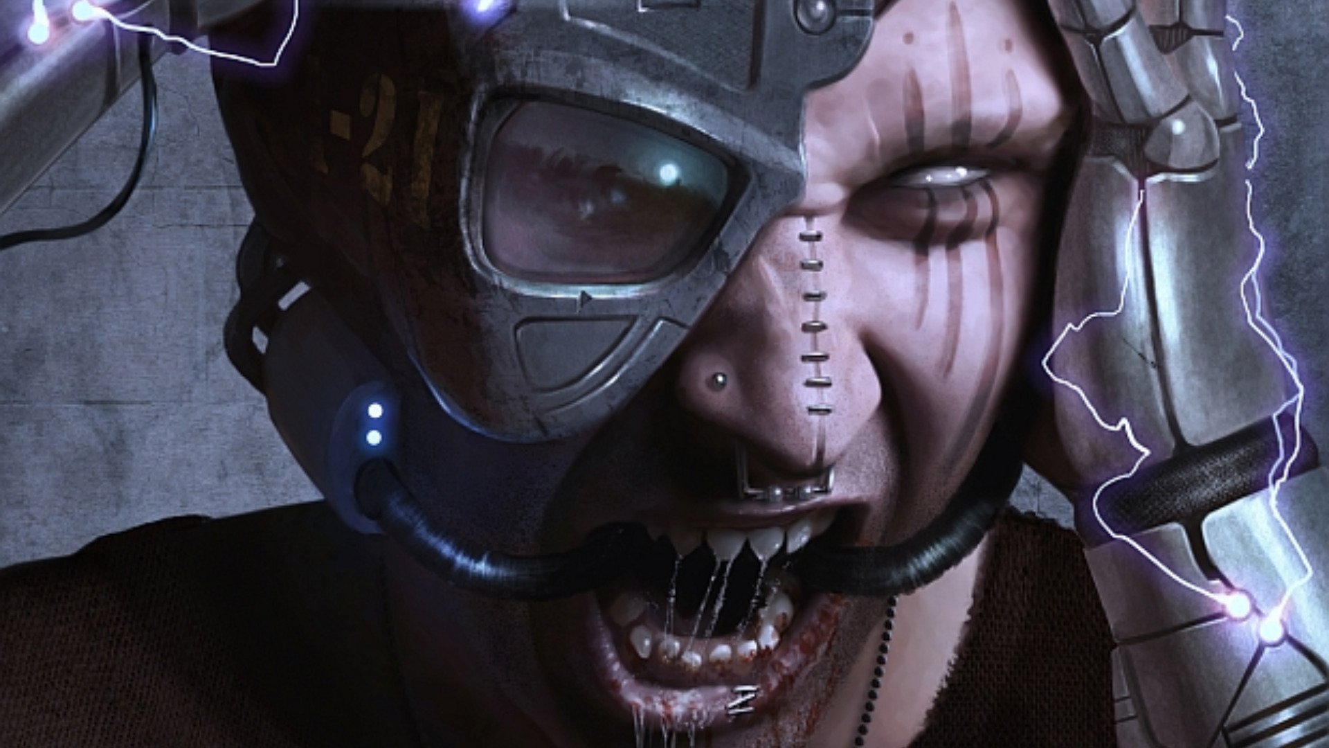 HD PC desktop wallpaper and background: cyberpunk sci-fi close-up of a snarling cyborg with stitched skin, exposed metal jaw, ocular implant, glowing lights and purple electrical arcs.