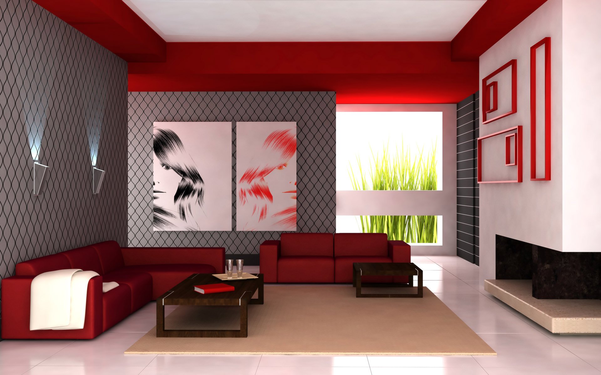 HD PC desktop wallpaper of a modern living room with red sofas, geometric wall art, fireplace and large window — man-made interior room.