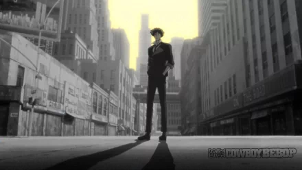 Spike Spiegel stands confidently in an empty city street, captured in a striking monochrome style. This HD wallpaper features the iconic character from the anime Cowboy Bebop.