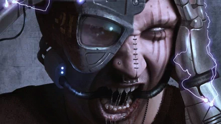 HD PC desktop wallpaper and background: cyberpunk sci-fi close-up of a snarling cyborg with stitched skin, exposed metal jaw, ocular implant, glowing lights and purple electrical arcs.