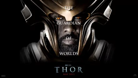 HD wallpaper featuring Idris Elba as Heimdall from Marvel's Thor, showcasing the character's striking features and the text The Guardian of Worlds.
