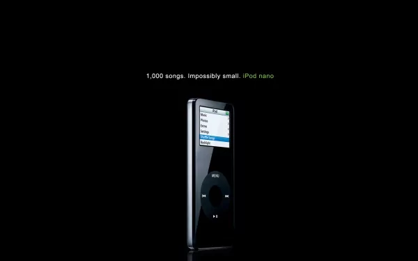 A sleek iPod Nano against a black background, showcasing its capability to hold 1,000 songs. A striking Apple Inc. technology-themed HD desktop wallpaper.