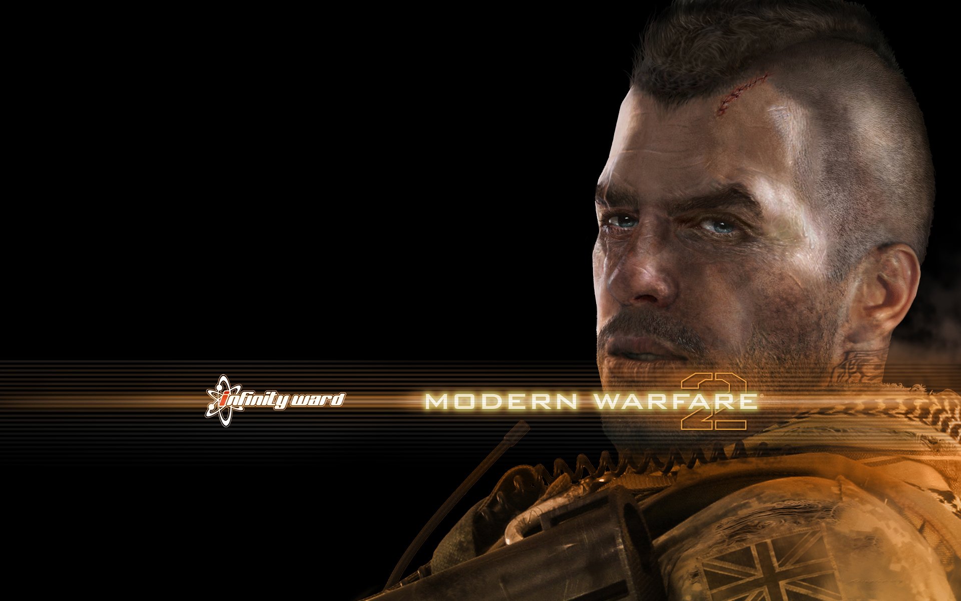 HD PC desktop wallpaper featuring a detailed close-up of a soldier from the video game Call of Duty: Modern Warfare 2 with the game title glowing across the center.