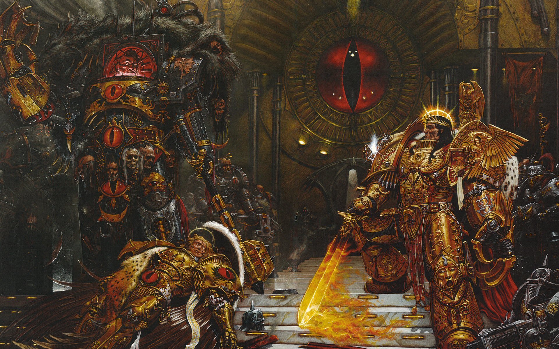 A bold fantasy warrior stands ready for battle, surrounded by an array of formidable allies and foes, set against a dramatic backdrop. HD quality makes this a striking desktop wallpaper.