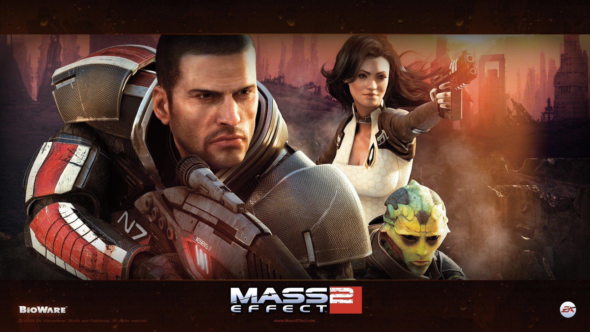 HD PC desktop wallpaper featuring characters from the video game Mass Effect 2, including Commander Shepard and key allies against a dynamic sci-fi backdrop.