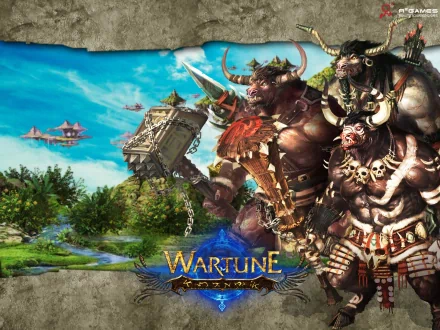 HD PC desktop wallpaper for the video game Wartune: two hulking horned warriors in ornate armor at right, with a lush island landscape, floating castles and the Wartune logo.