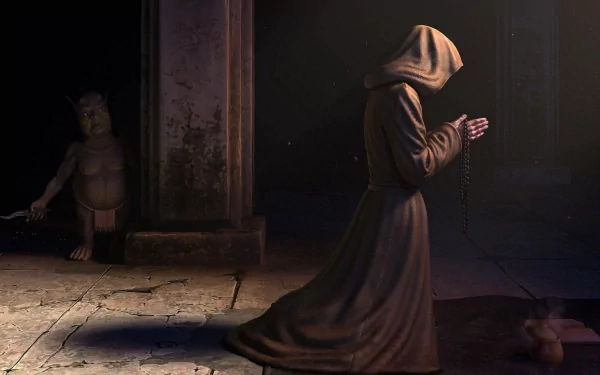 HD fantasy desktop wallpaper depicting a hooded man in a robe praying while a shadowy creature lurks behind him in a dimly lit, ancient stone chamber.