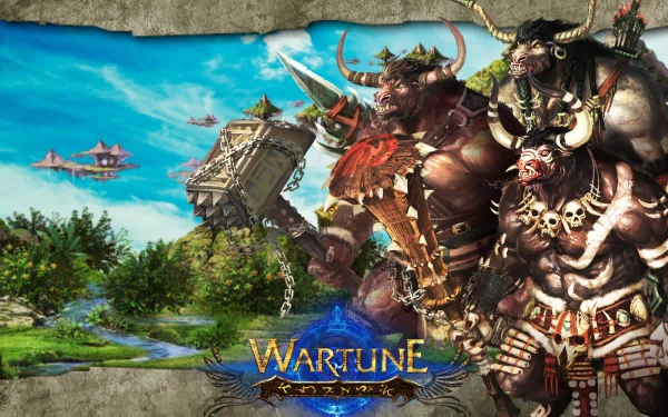 HD PC desktop wallpaper for the video game Wartune: two hulking horned warriors in ornate armor at right, with a lush island landscape, floating castles and the Wartune logo.