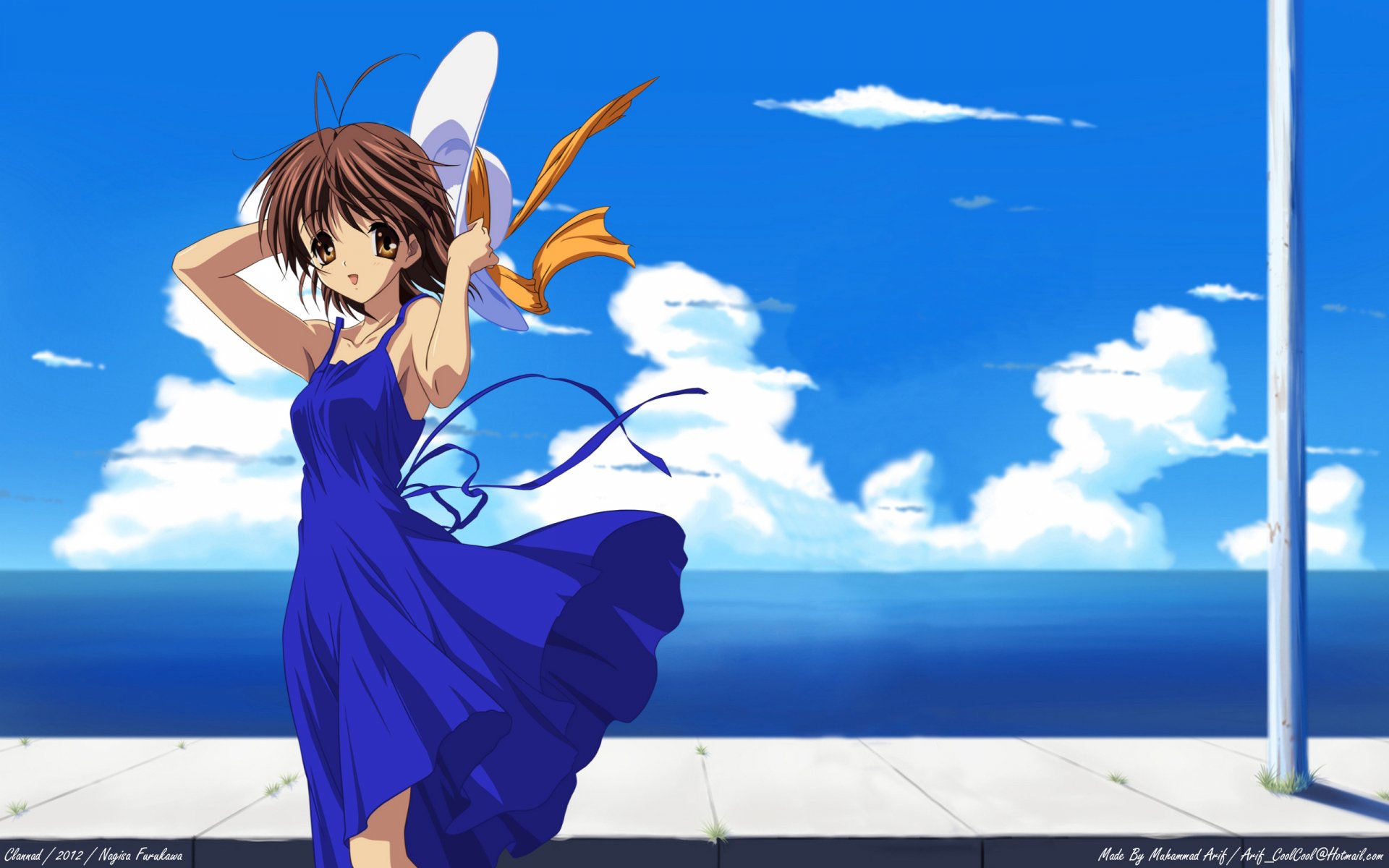 Nagisa Furukawa from Clannad stands on a seaside promenade in a flowing blue dress, ribbons in the wind beneath bright clouds — 2K Quad HD anime desktop wallpaper.