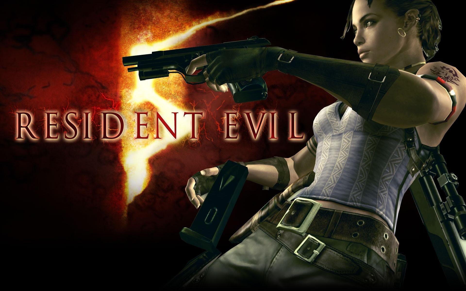 HD PC desktop wallpaper featuring a character from the Resident Evil 5 video game, aiming a handgun with a fiery background and the Resident Evil logo.