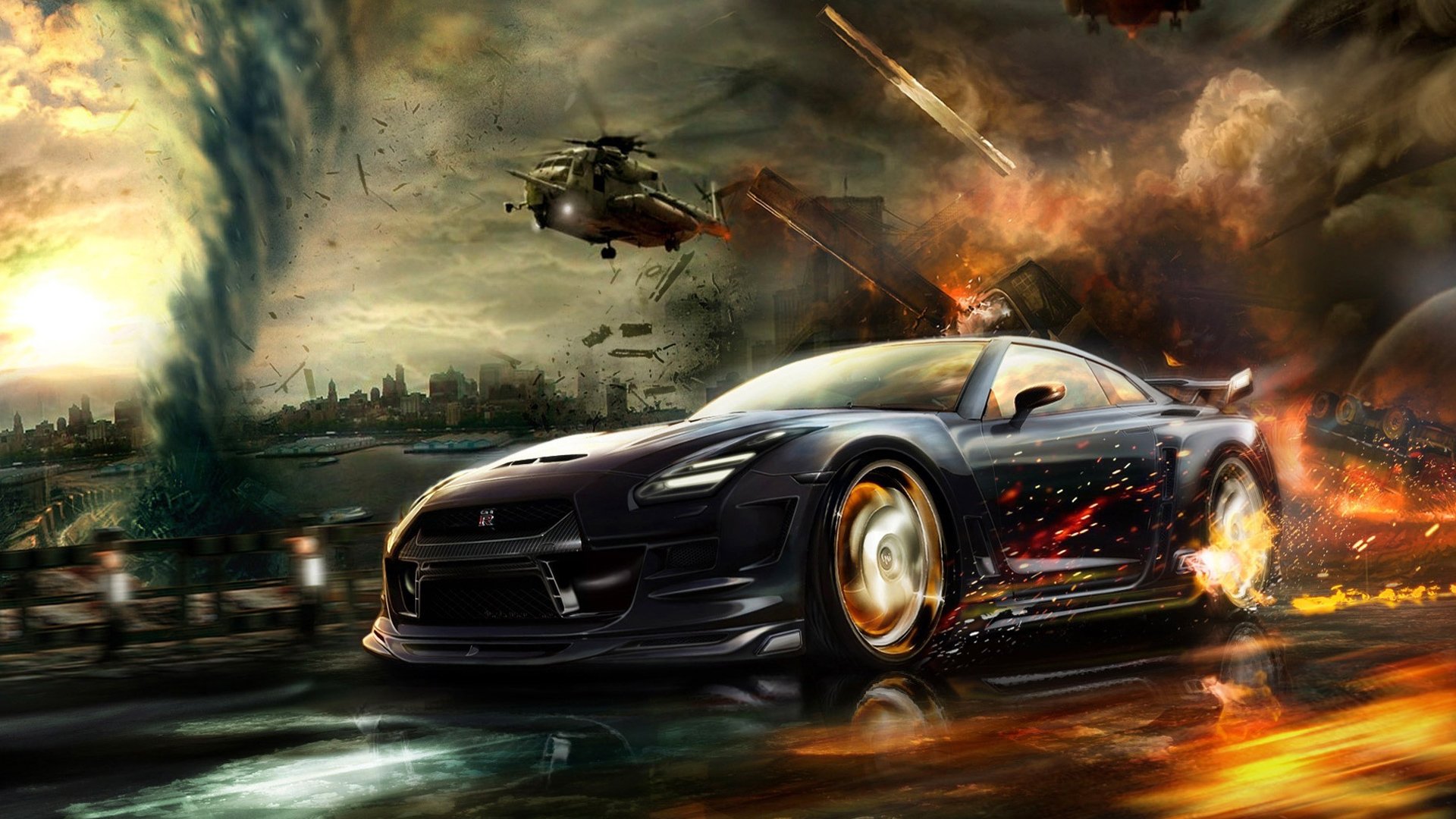 HD PC desktop wallpaper and background of a Nissan sports vehicle tearing through a stormy, fiery urban waterfront as helicopters and explosions loom.