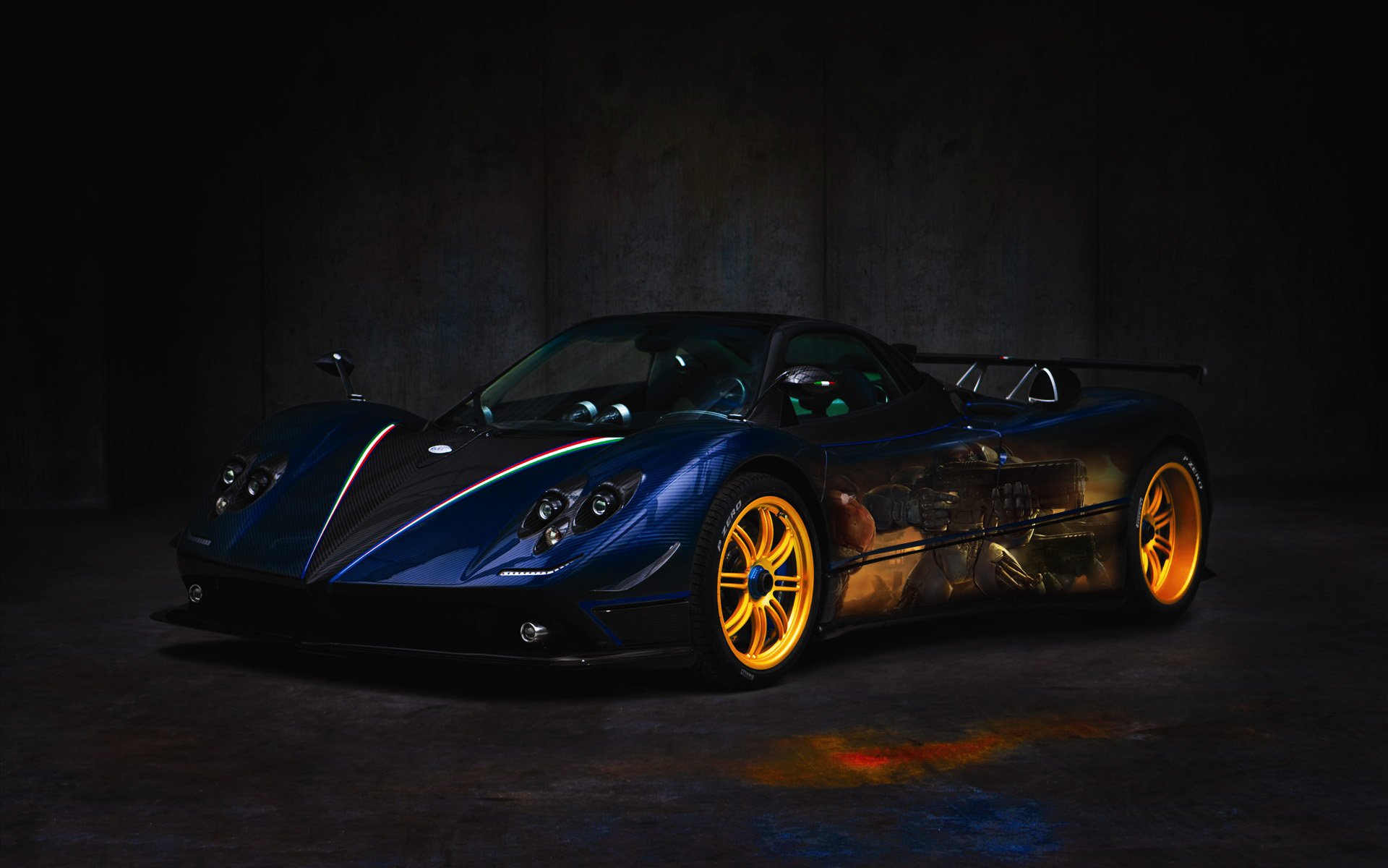HD PC desktop wallpaper featuring a sleek Pagani sports car with dark blue body and vibrant yellow rims against a dark background.