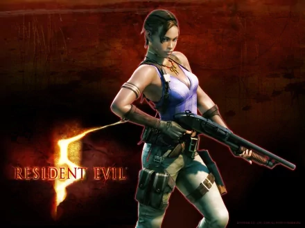 HD PC desktop wallpaper featuring a female character from the Resident Evil 5 video game, with a dark red background and the Resident Evil logo lit in fiery orange.