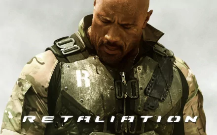 Dwayne Johnson in G.I. Joe: Retaliation, showcasing a powerful moment in an action-packed scene. HD wallpaper featuring dramatic visuals and bold text.