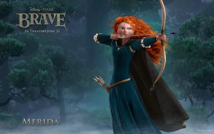 HD PC desktop wallpaper of Merida from the movie Brave, standing in a misty forest with fiery red curls and cloak, poised and aiming her bow and arrow.