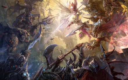A dynamic fantasy battle scene featuring fierce warriors clashing amidst a dramatic backdrop of light and shadows, creating an epic atmosphere for a HD PC desktop wallpaper.