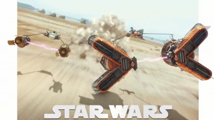 HD PC desktop wallpaper from Star Wars: Episode I – The Phantom Menace showing podracers racing across a desert, a V-shaped racer in the foreground and the Star Wars logo at the bottom.