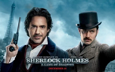 Two characters from Sherlock Holmes: A Game of Shadows, featuring Robert Downey Jr. and Jude Law, set against a dramatic backdrop with the Eiffel Tower. Decorative movie title and release date included.