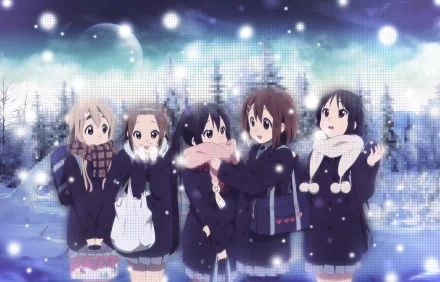 A vibrant HD wallpaper featuring characters from K-ON! in a snowy scene, showcasing their friendship against a backdrop of shimmering snowflakes and trees.