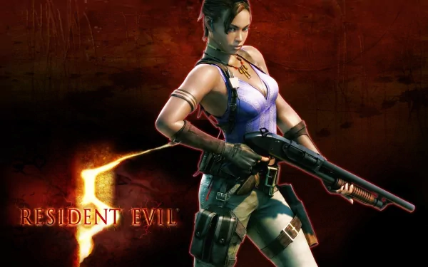 HD PC desktop wallpaper featuring a female character from the Resident Evil 5 video game, with a dark red background and the Resident Evil logo lit in fiery orange.