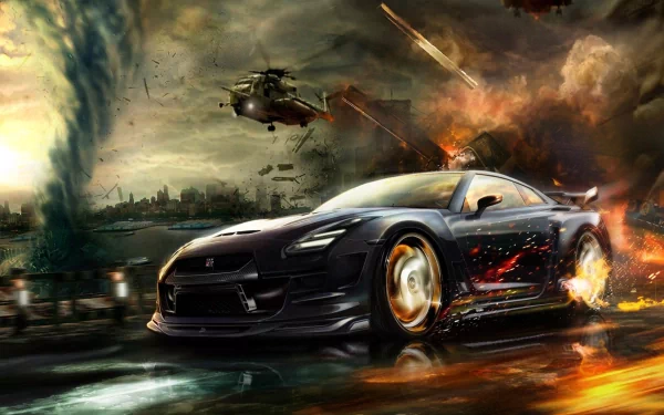HD PC desktop wallpaper and background of a Nissan sports vehicle tearing through a stormy, fiery urban waterfront as helicopters and explosions loom.