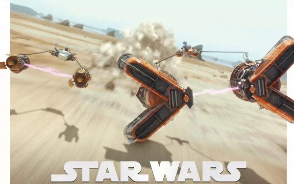 HD PC desktop wallpaper from Star Wars: Episode I – The Phantom Menace showing podracers racing across a desert, a V-shaped racer in the foreground and the Star Wars logo at the bottom.