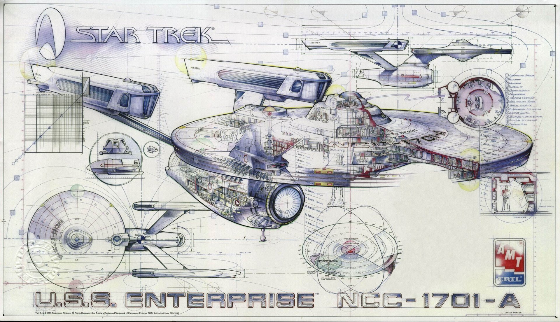 HD PC desktop wallpaper showcasing detailed schematic-style artwork of the Star Trek U.S.S. Enterprise NCC-1701-A with futuristic sci-fi design elements.