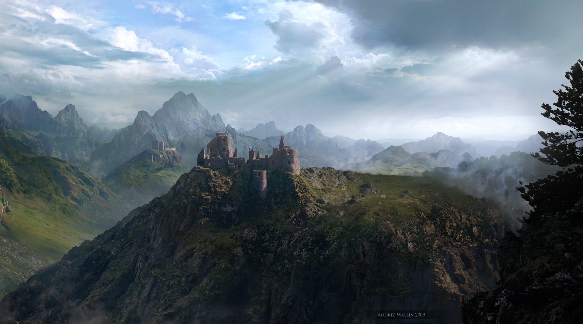 HD PC Desktop Wallpaper and Background: fantasy landscape of a misty mountain fortress perched on craggy peaks under dramatic, cloud-filled skies.
