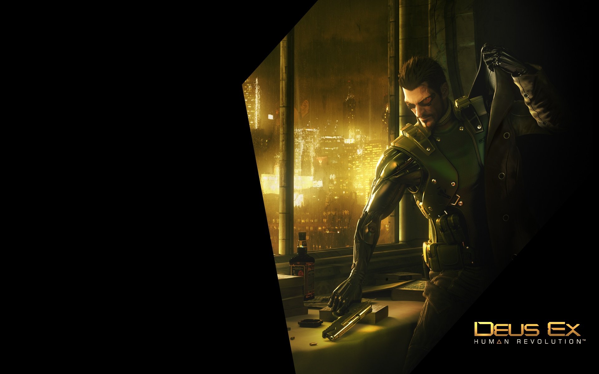 HD PC desktop wallpaper featuring a character from the video game Deus Ex: Human Revolution in a futuristic urban setting at night.