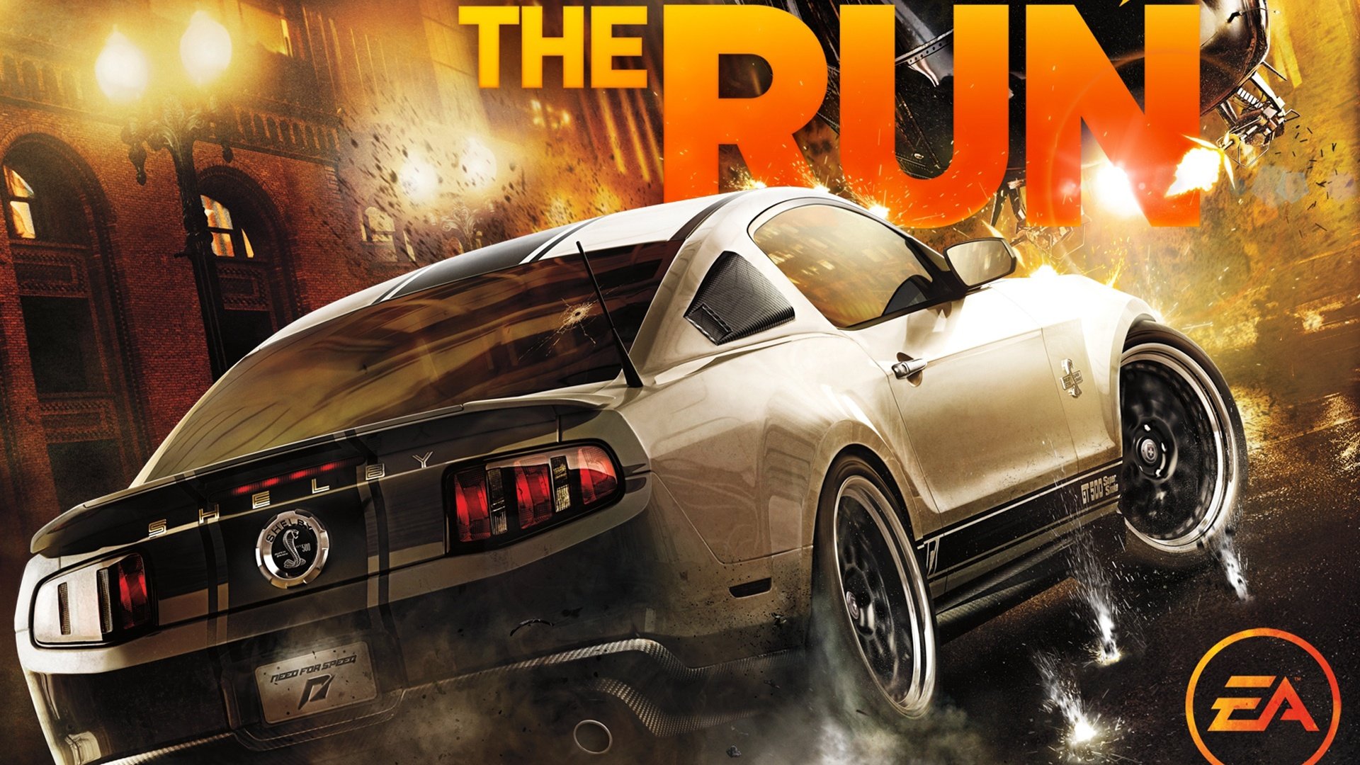 HD PC desktop wallpaper featuring a sleek car racing through fiery urban streets from the video game Need For Speed: The Run.