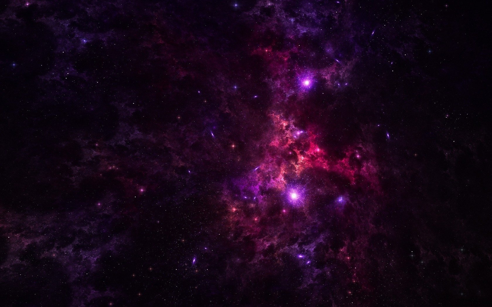 HD abstract sci-fi desktop wallpaper featuring a cosmic scene with vibrant purple and pink nebulae glowing against a dark starry background.