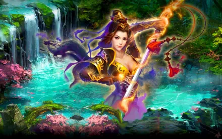 A fantasy woman warrior wields a staff amidst vibrant greenery and cascading waterfalls, creating a striking HD desktop wallpaper.