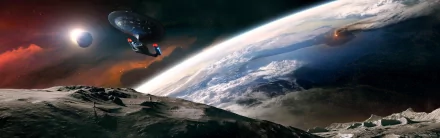 HD Sci-Fi desktop wallpaper featuring a Star Trek spaceship orbiting a moon with a nebula and planet in the background, capturing the vastness of space.