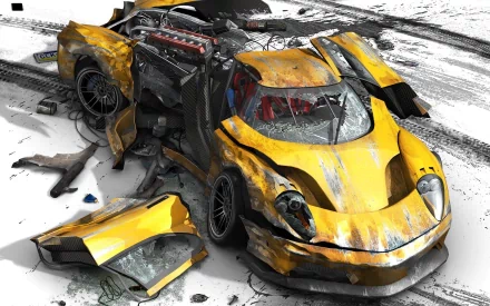 A vibrant yellow car, showcasing battle scars, lies damaged on a snowy surface, surrounded by tire marks. This dynamic scene captures the essence of the video game Burnout.