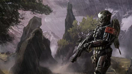 A soldier from the video game Halo stands in a rugged landscape, rain pouring down with dramatic rock formations and distant mountains, creating a moody atmosphere.