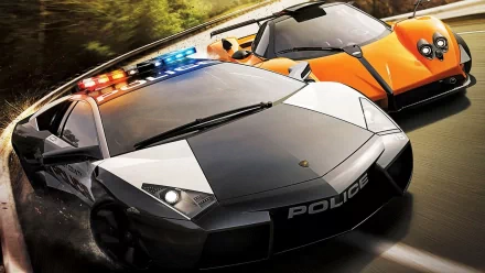 HD PC desktop wallpaper background from the video game Need For Speed: a police Lamborghini with lights blazing chases an orange supercar down a forested highway.