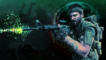 Frank Woods from Call of Duty: Black Ops aims his weapon in this dynamic HD wallpaper, capturing the intense atmosphere of the video game series.