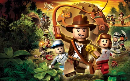 HD wallpaper featuring LEGO Indiana Jones and characters from LEGO Indiana Jones: The Original Adventures, showcasing an adventurous scene set in a jungle with iconic elements.