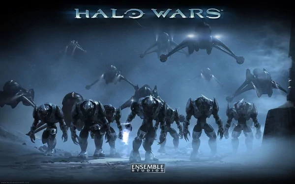 HD PC desktop wallpaper featuring armored soldiers and spaceships from the video game Halo Wars, set against a dark, atmospheric sci-fi backdrop.