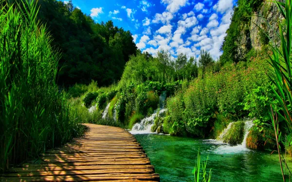 A serene boardwalk winds through lush greenery and alongside a clear blue stream, framed by vibrant clouds and gentle waterfalls, creating a stunning HD desktop wallpaper.