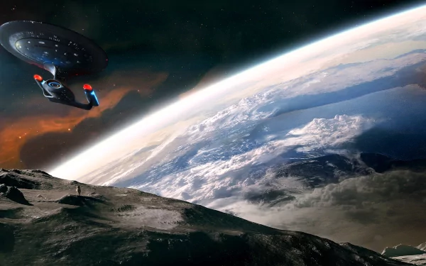HD Sci-Fi desktop wallpaper featuring a Star Trek spaceship orbiting a moon with a nebula and planet in the background, capturing the vastness of space.