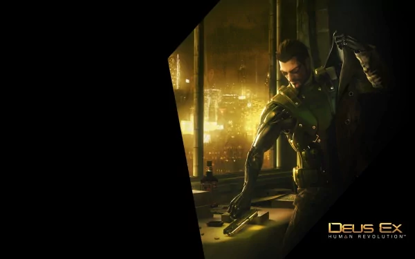 HD PC desktop wallpaper featuring a character from the video game Deus Ex: Human Revolution in a futuristic urban setting at night.