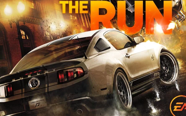 HD PC desktop wallpaper featuring a sleek car racing through fiery urban streets from the video game Need For Speed: The Run.
