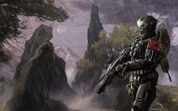 A soldier from the video game Halo stands in a rugged landscape, rain pouring down with dramatic rock formations and distant mountains, creating a moody atmosphere.