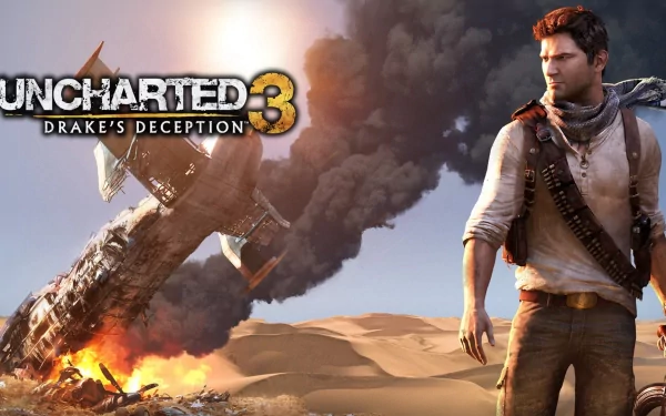 HD wallpaper featuring Nathan Drake from the video game Uncharted 3: Drake's Deception, showcasing a dramatic scene with a wrecked plane and desert backdrop.