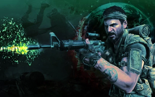 Frank Woods from Call of Duty: Black Ops aims his weapon in this dynamic HD wallpaper, capturing the intense atmosphere of the video game series.