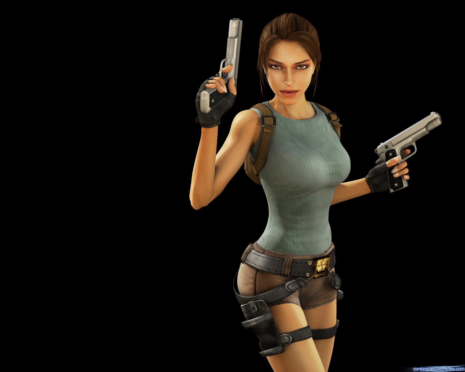 Lara Croft stands confidently with dual pistols, showcasing her adventurous spirit from the iconic video game series Tomb Raider in this HD desktop wallpaper.