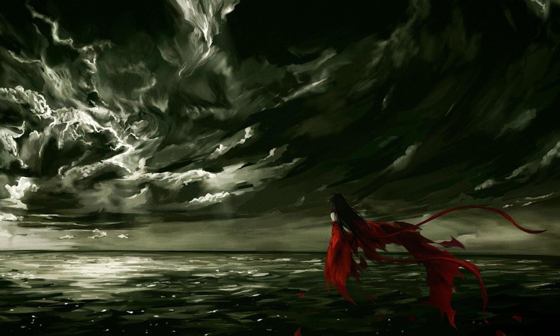 Dark fantasy HD desktop wallpaper depicting a woman in flowing red and black attire standing by a stormy sea under a dramatic, cloud-filled night sky.