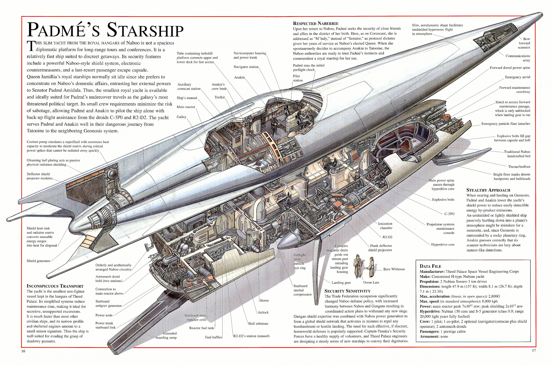 A detailed cutaway illustration of Padmé's starship from Star Wars, showcasing its internal design and components, set against a Sci-Fi backdrop in 4K Ultra HD resolution.